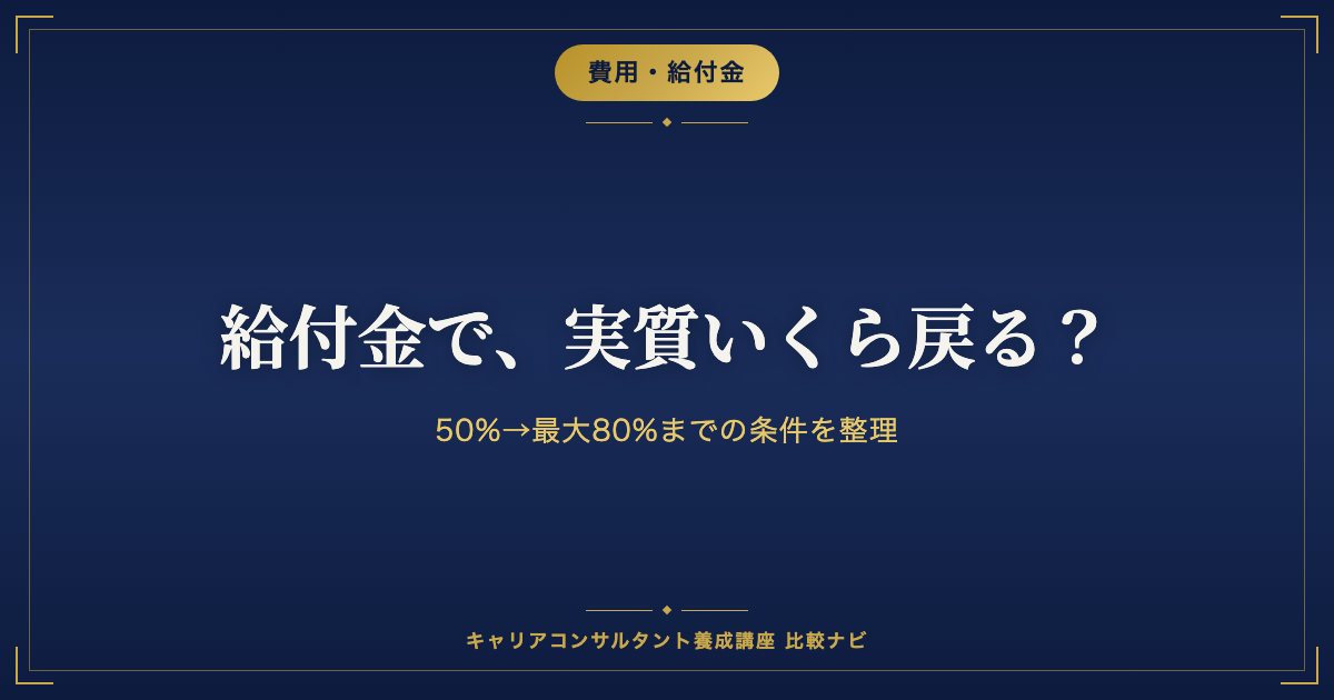紺色の背景に「給付金で、実質いくら戻る？」と書かれた費用・給付金カテゴリーのアイキャッチ